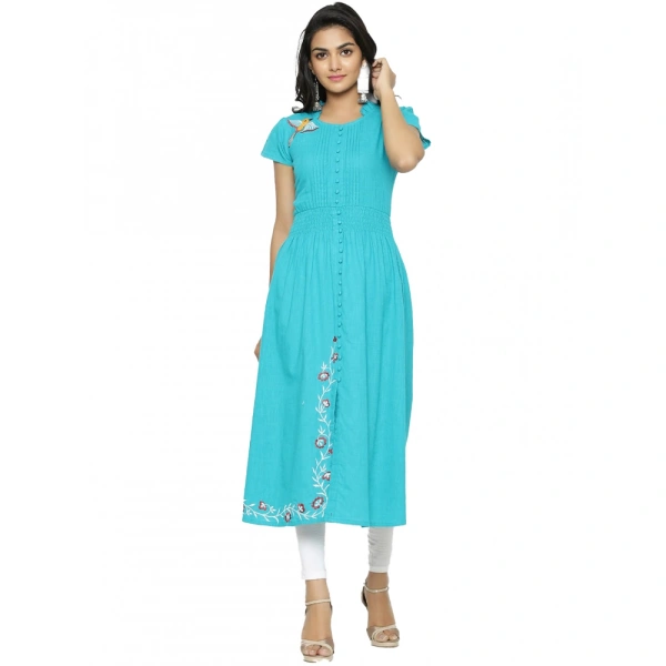 Women's Casual Short Sleeve Embroidery Cotton Slub Kurti (Torque Green) - 2XL, 0.35, Torque Green