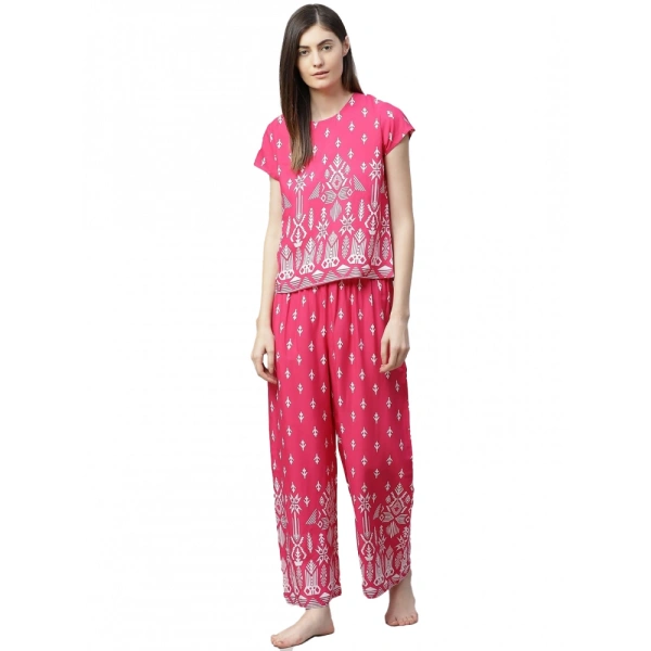 Women's Casual Short Sleeve Printed Rayon Pajama Set (Pink) - Pink, 0.35, L