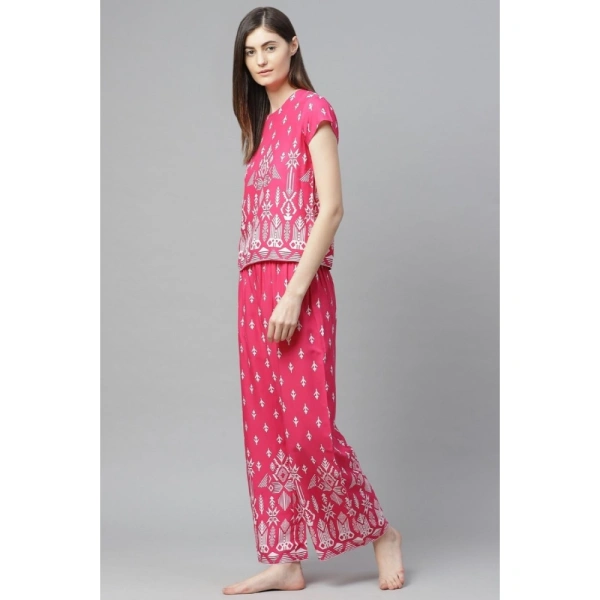Women's Casual Short Sleeve Printed Rayon Pajama Set (Pink) - Pink, 0.35, L