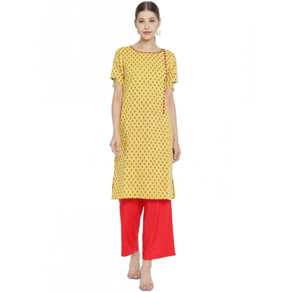Women's Casual Short Sleeves Floral Printed Cotton & Rayon Kurti Palazzo Set (Yellow & Red) - Yellow & Red, 0.35, 2XL