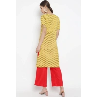 Women's Casual Short Sleeves Floral Printed Cotton & Rayon Kurti Palazzo Set (Yellow & Red) - Yellow & Red, 0.35, 2XL