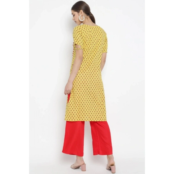 Women's Casual Short Sleeves Floral Printed Cotton & Rayon Kurti Palazzo Set (Yellow & Red) - Yellow & Red, 0.35, 2XL