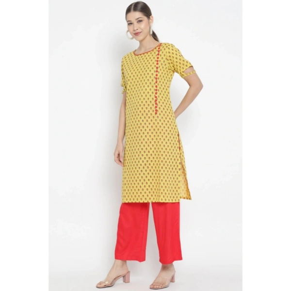 Women's Casual Short Sleeves Floral Printed Cotton & Rayon Kurti Palazzo Set (Yellow & Red) - Yellow & Red, 0.35, 2XL