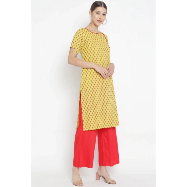 Women's Casual Short Sleeves Floral Printed Cotton & Rayon Kurti Palazzo Set (Yellow & Red) - Yellow & Red, 0.35, 2XL