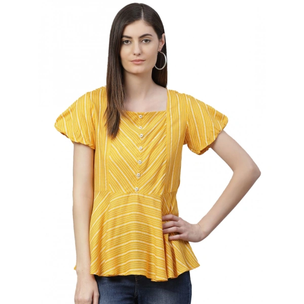 Women's Casual Short Sleeves Stripe Printed Rayon Top (Mustard) - XL