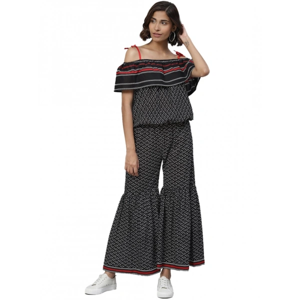Women's Casual shoulder sleeve Geomatrical Printed Cotton Dress (Black) - Black, 0.35, XL