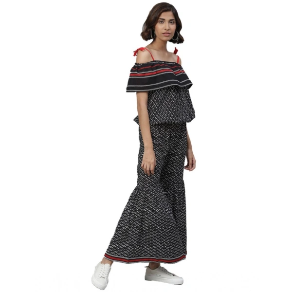 Women's Casual shoulder sleeve Geomatrical Printed Cotton Dress (Black) - Black, 0.35, XL
