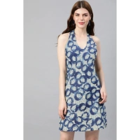 Women's Casual Sleeveless Floral printed Cotton Dress (Blue) - Blue, 0.35, 2XL