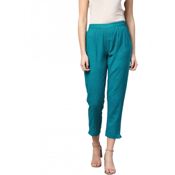 Women's Casual Solid Cotton Slub Trouser Pant (Rama Blue) - Rama Blue, 0.35, S