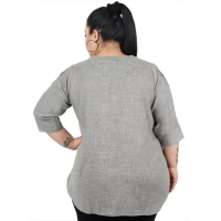 Generic Women's Casual Solid Grey Top (Color:GreyMaterial:Cotton Linen Blend) - Grey, 3/4th Sleeve, 4XL