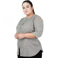 Generic Women's Casual Solid Grey Top (Color:GreyMaterial:Cotton Linen Blend) - Grey, 3/4th Sleeve, 4XL