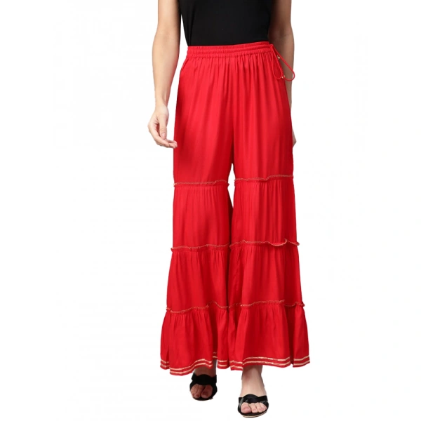 Women's Casual Solid Rayon Sharara (Red) - Red, 0.35, L