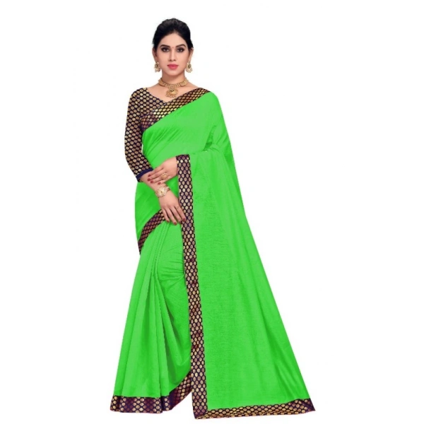 shopnav's Women's Chanderi Cotton Lace Border Saree With Blouse (Green, 5-6 Mtrs) - Green