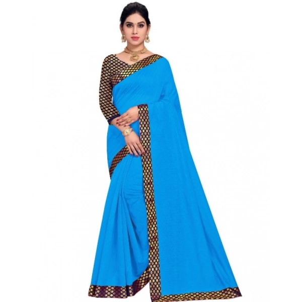 Women's Chanderi Cotton Lace Border Saree With Blouse (Sky Blue, 5-6 Mtrs) - Sky Blue