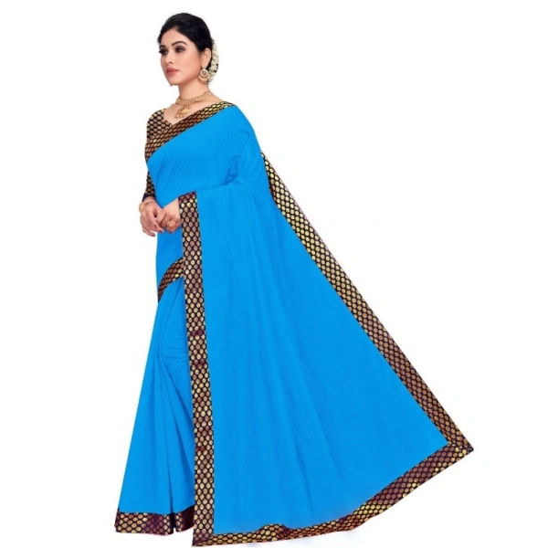 Women's Chanderi Cotton Lace Border Saree With Blouse (Sky Blue, 5-6 Mtrs) - Sky Blue