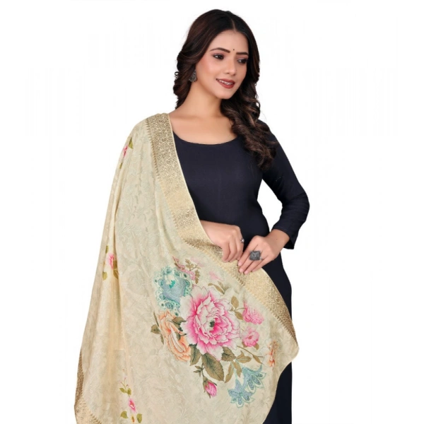 Shopnav Women's chanderi silk Printed Dupatta (Beige, Length: 2 Mtr)