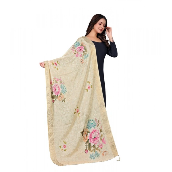 Shopnav Women's chanderi silk Printed Dupatta (Beige, Length: 2 Mtr)