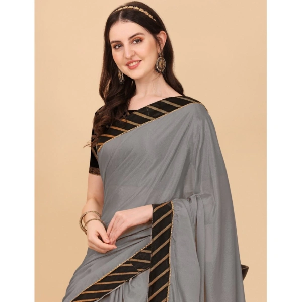 Women's Chiffon Self Design Saree With Unstitched Blouse 5.5Mtr (Silver) - Silver