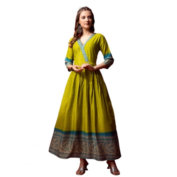 Women's Cotton Blend Printed Anarkali Gown (Green) - XL