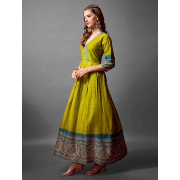 Women's Cotton Blend Printed Anarkali Gown (Green) - XL