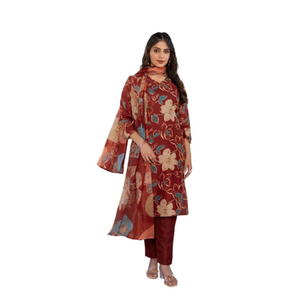 Women's Cotton Blend Printed Kurti With Pant Dupatta Set (Rust) - M