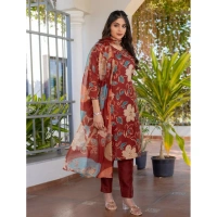 Women's Cotton Blend Printed Kurti With Pant Dupatta Set (Rust) - M