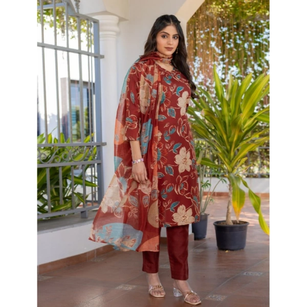 Women's Cotton Blend Printed Kurti With Pant Dupatta Set (Rust) - M