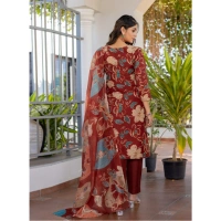 Women's Cotton Blend Printed Kurti With Pant Dupatta Set (Rust) - M