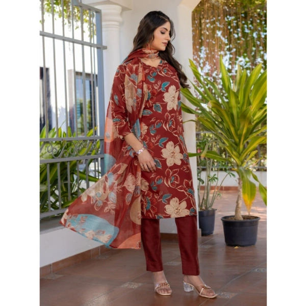 Women's Cotton Blend Printed Kurti With Pant Dupatta Set (Rust) - M