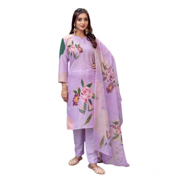 Women's Cotton Blend Printed Kurti With Pant Dupatta Set (Lavender) - L