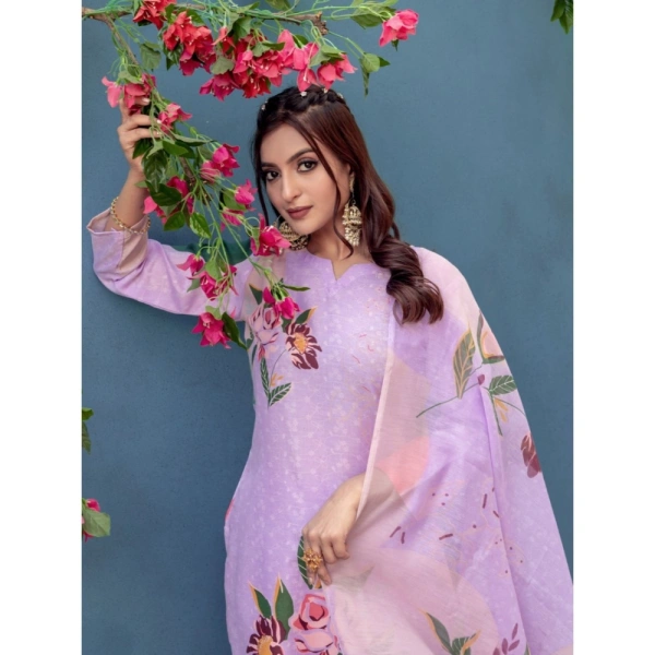 Women's Cotton Blend Printed Kurti With Pant Dupatta Set (Lavender) - L