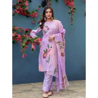 Women's Cotton Blend Printed Kurti With Pant Dupatta Set (Lavender) - L