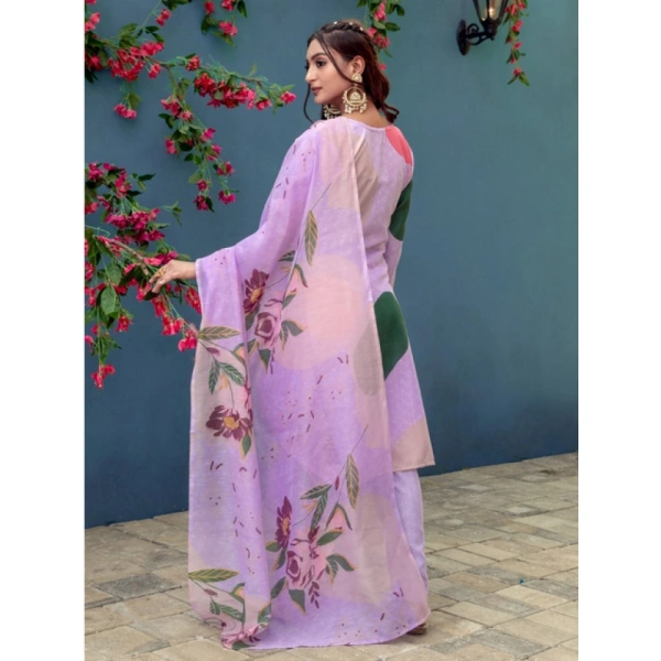 Women's Cotton Blend Printed Kurti With Pant Dupatta Set (Lavender) - L