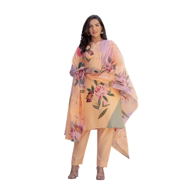 Women's Cotton Blend Printed Kurti With Pant Dupatta Set (Orange) - L