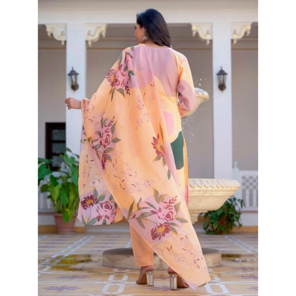 Women's Cotton Blend Printed Kurti With Pant Dupatta Set (Orange) - L