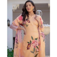 Women's Cotton Blend Printed Kurti With Pant Dupatta Set (Orange) - L