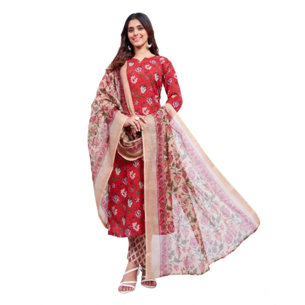 Women's Cotton Blend Printed Kurti With Pant Dupatta Set (Red) - M