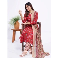 Women's Cotton Blend Printed Kurti With Pant Dupatta Set (Red) - M