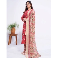 Women's Cotton Blend Printed Kurti With Pant Dupatta Set (Red) - M