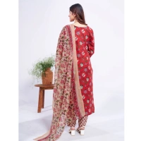 Women's Cotton Blend Printed Kurti With Pant Dupatta Set (Red) - M