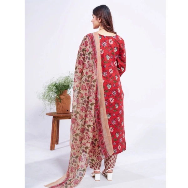 Women's Cotton Blend Printed Kurti With Pant Dupatta Set (Red) - M