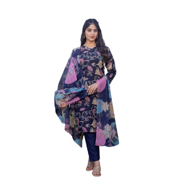 Women's Cotton Blend Printed Kurti With Pant Dupatta Set (NavyBlue) - L