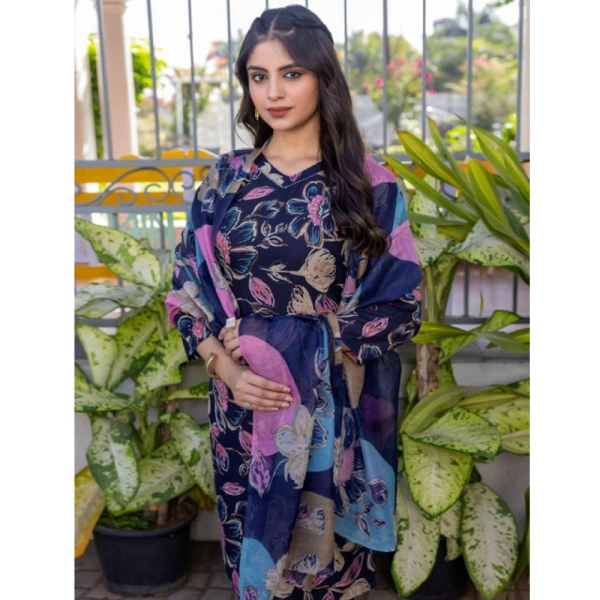 Women's Cotton Blend Printed Kurti With Pant Dupatta Set (NavyBlue) - L