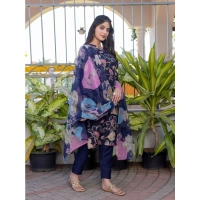 Women's Cotton Blend Printed Kurti With Pant Dupatta Set (NavyBlue) - L
