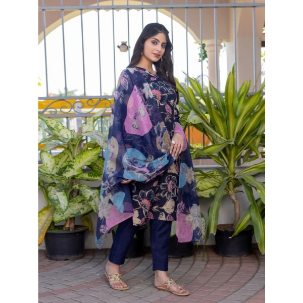 Women's Cotton Blend Printed Kurti With Pant Dupatta Set (NavyBlue) - L