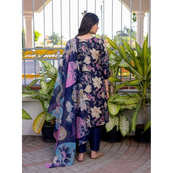 Women's Cotton Blend Printed Kurti With Pant Dupatta Set (NavyBlue) - L