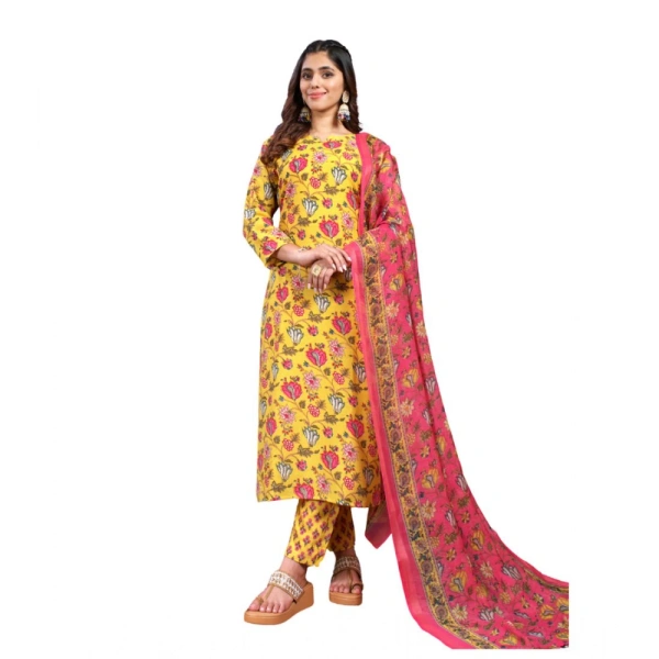 Women's Cotton Blend Printed Kurti With Pant Dupatta Set (Yellow) - XL