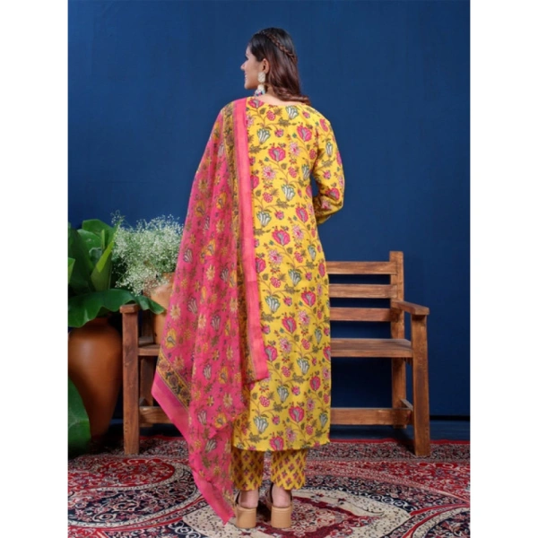 Women's Cotton Blend Printed Kurti With Pant Dupatta Set (Yellow) - XL