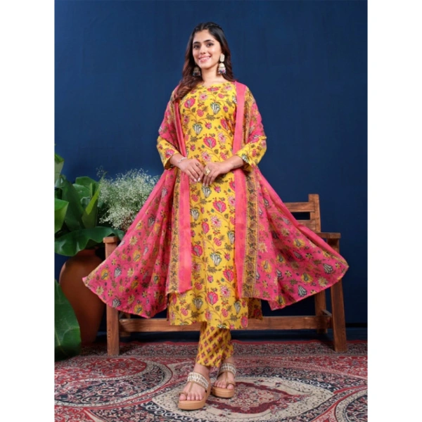 Women's Cotton Blend Printed Kurti With Pant Dupatta Set (Yellow) - XL