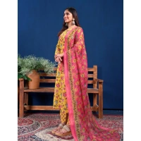 Women's Cotton Blend Printed Kurti With Pant Dupatta Set (Yellow) - XL